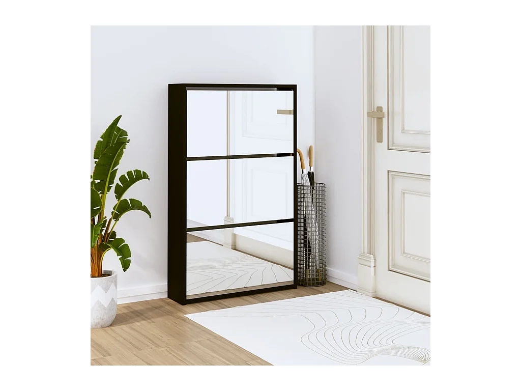 Armoire à chaussures avec miroir 3 niveaux Noir 63x17x102,5 cm