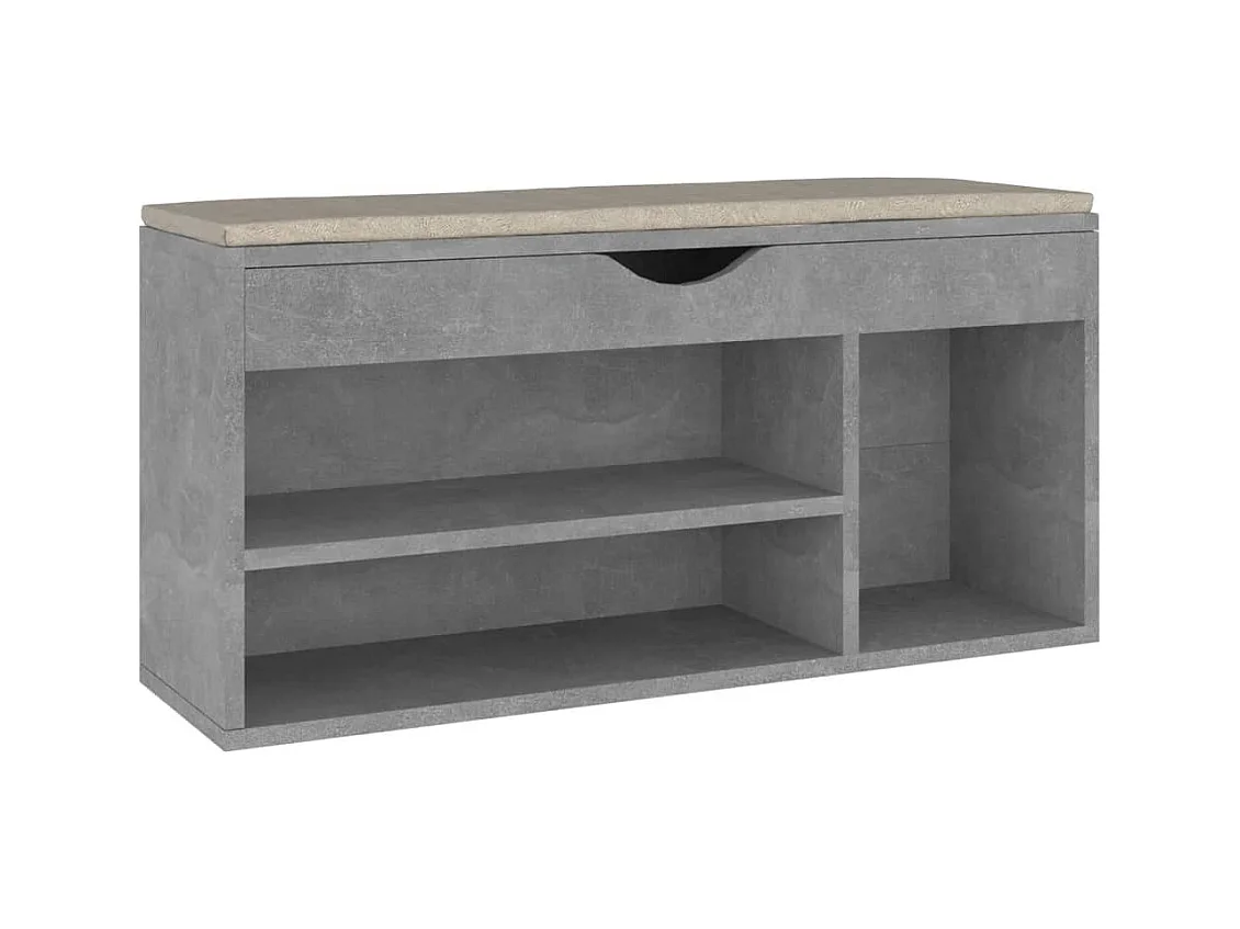 Schoenenbank met kussen, betongrijs bewerkt hout