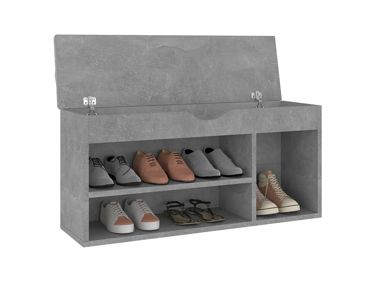 Schoenenbank met kussen, betongrijs bewerkt hout