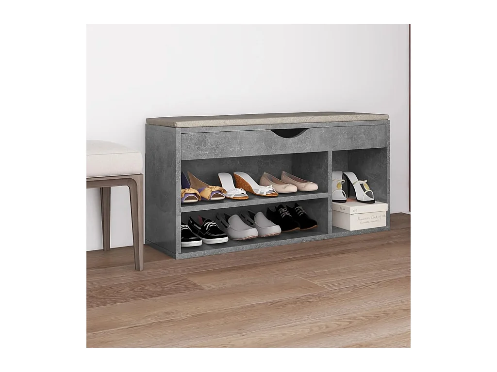 Schoenenbank met kussen, betongrijs bewerkt hout