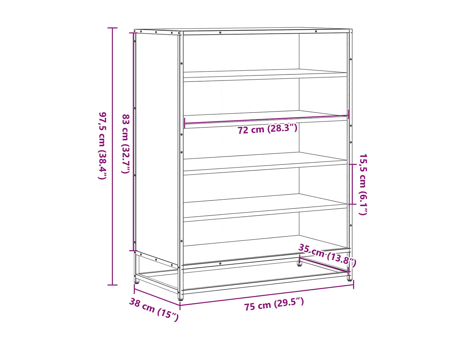 Zwarte schoenenkast 75x38x97,5 cm bewerkt hout metaal