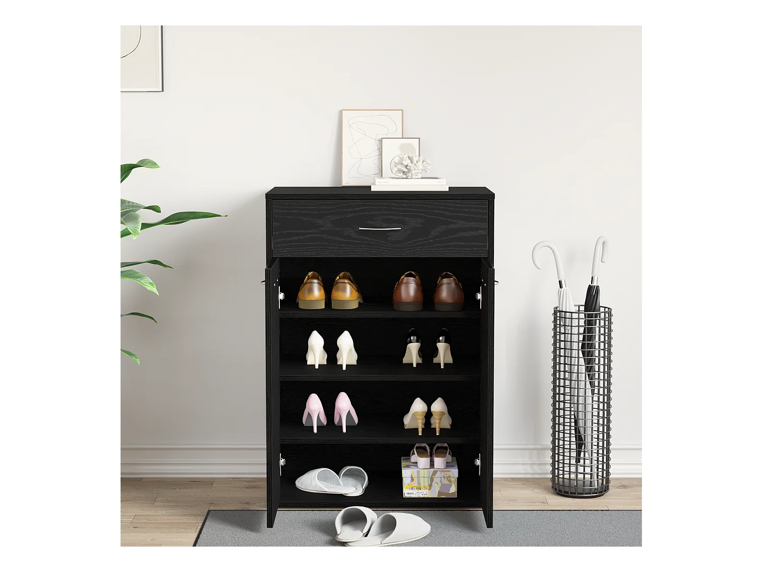 Zwarte eikenhouten schoenenkast 60x35x84 cm in bewerkt hout