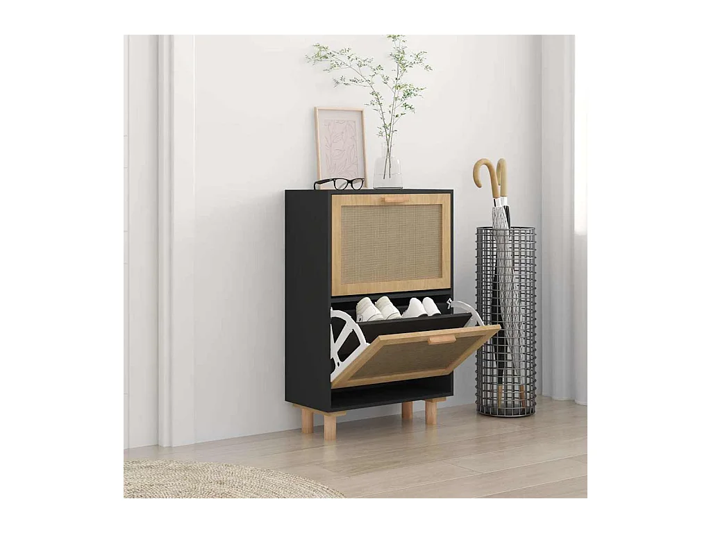 Scarpiera nera 52x25x80 cm in legno composito/rattan