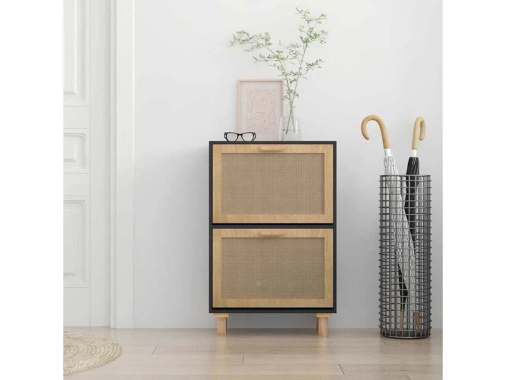 Zapatero negro 52x25x80 cm Madera de ingeniería/Ratán