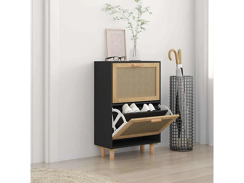 Zapatero negro 52x25x80 cm Madera de ingeniería/Ratán