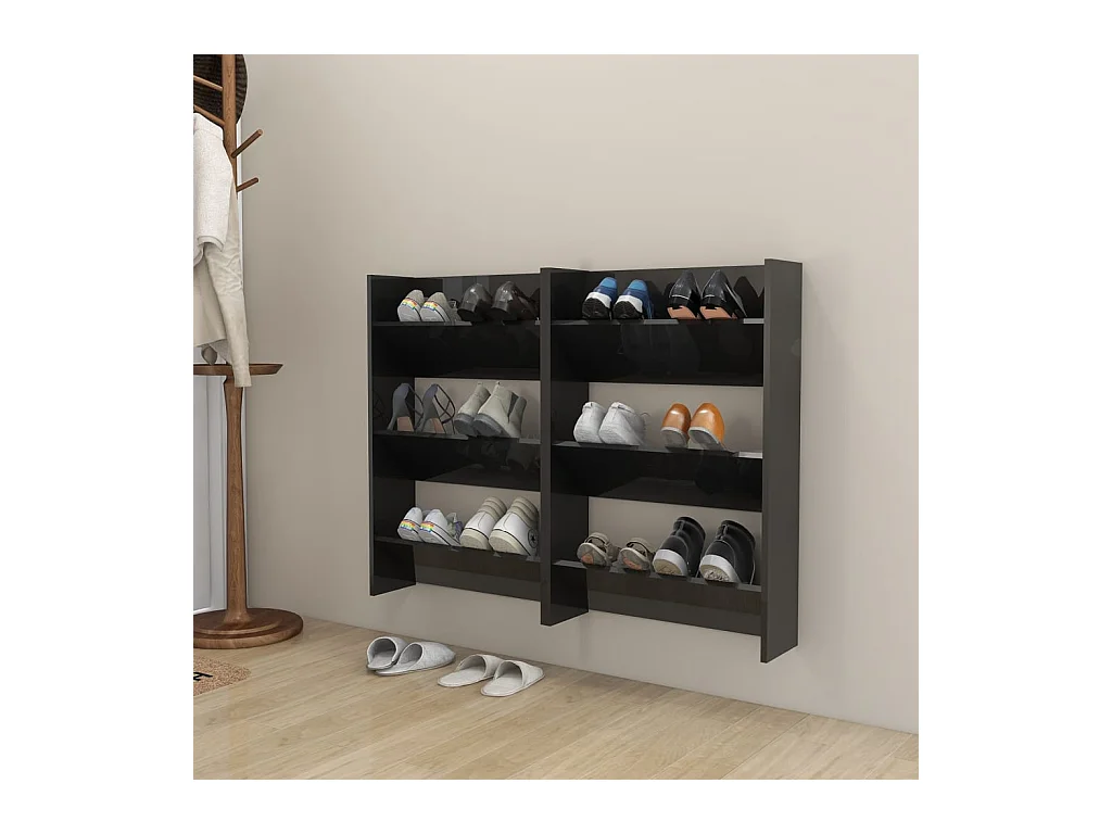 Armoires à chaussures murales 2 pcs noir brillant 60x18x90cm