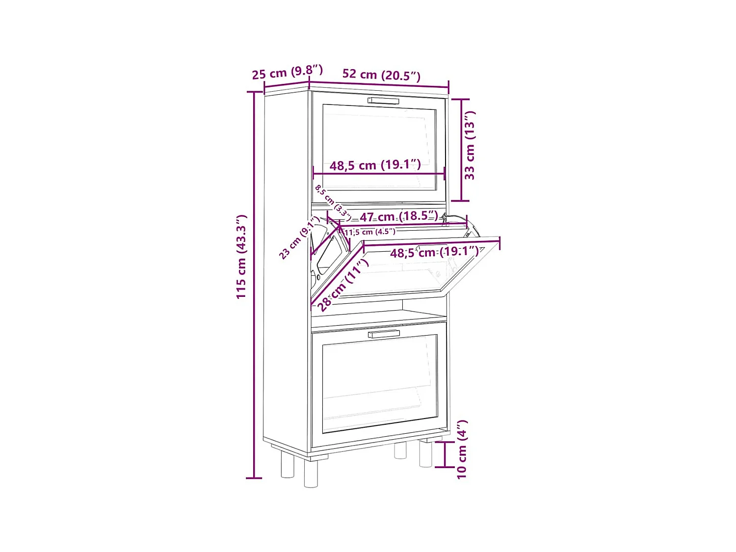 Zwarte schoenenkast 52x25x115 cm Technisch hout/rotan