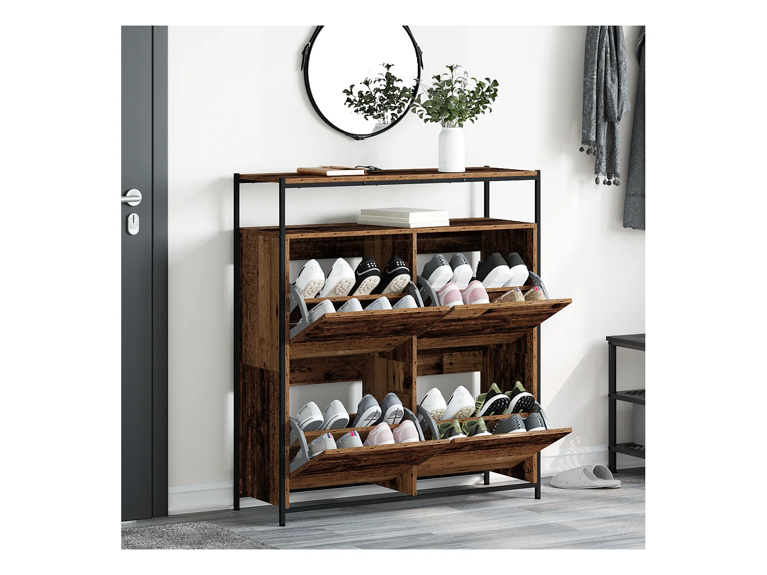 Cabinet à chaussures avec 4 tiroirs à rabat en bois ancien 100x34x112 cm