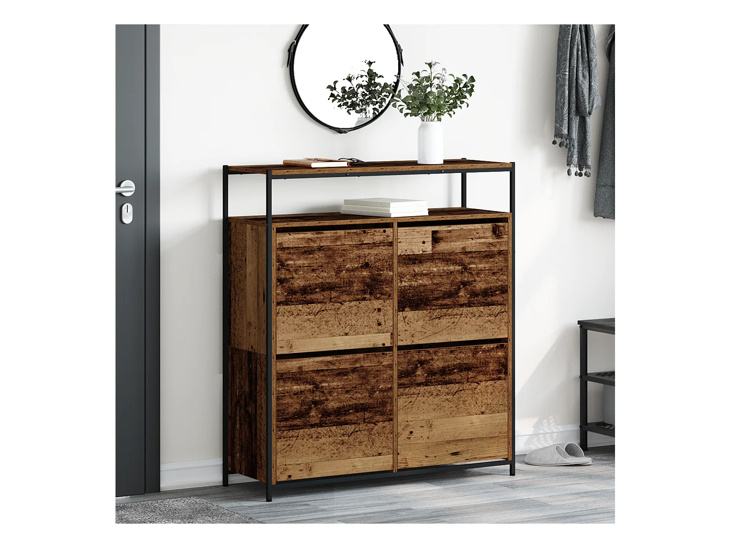 Scarpiera 4 cassetti con ribalte in legno anticato 100x34x112 cm