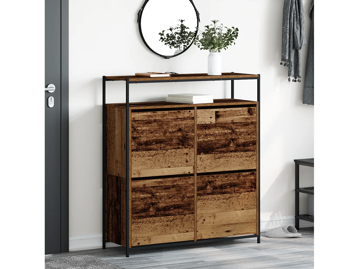 Cabinet à chaussures avec 4 tiroirs à rabat en bois ancien 100x34x112 cm