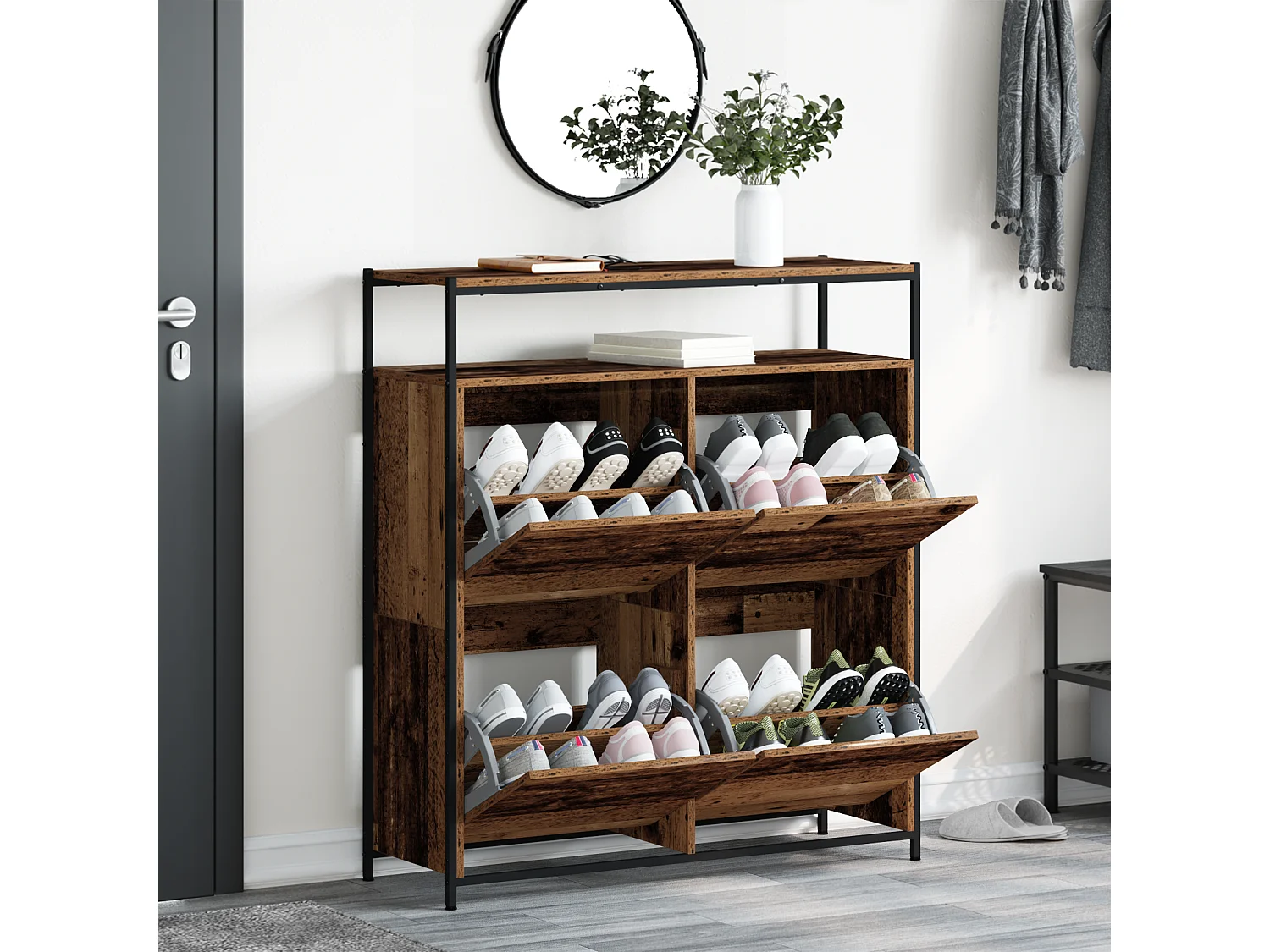 Cabinet à chaussures avec 4 tiroirs à rabat en bois ancien 100x34x112 cm