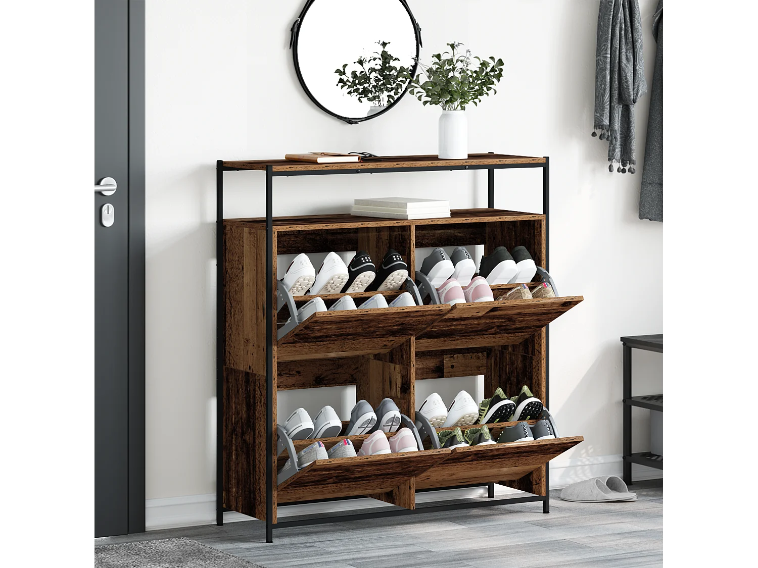 Cabinet à chaussures avec 4 tiroirs à rabat en bois ancien 100x34x112 cm