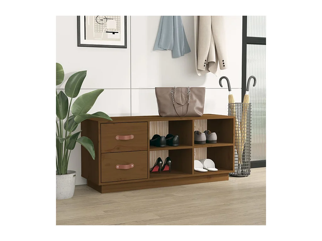 Panca portascarpe color miele 100x34x45 cm in legno massello di pino
