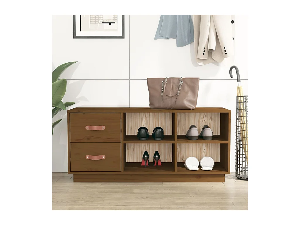 Panca portascarpe color miele 100x34x45 cm in legno massello di pino