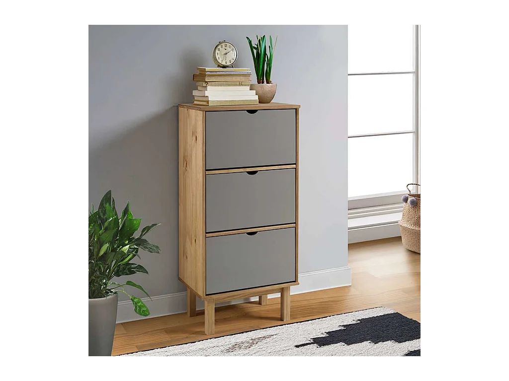 Armoire à chaussures et 3 tiroirs Marron et gris Bois pin