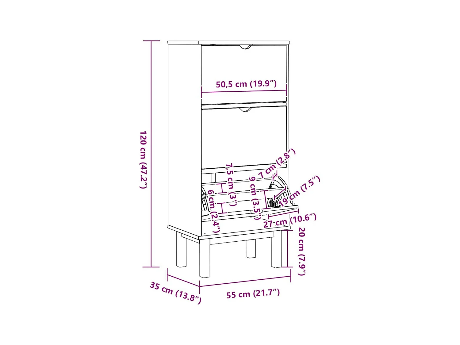 Armoire à chaussures et 3 tiroirs Marron et gris Bois pin