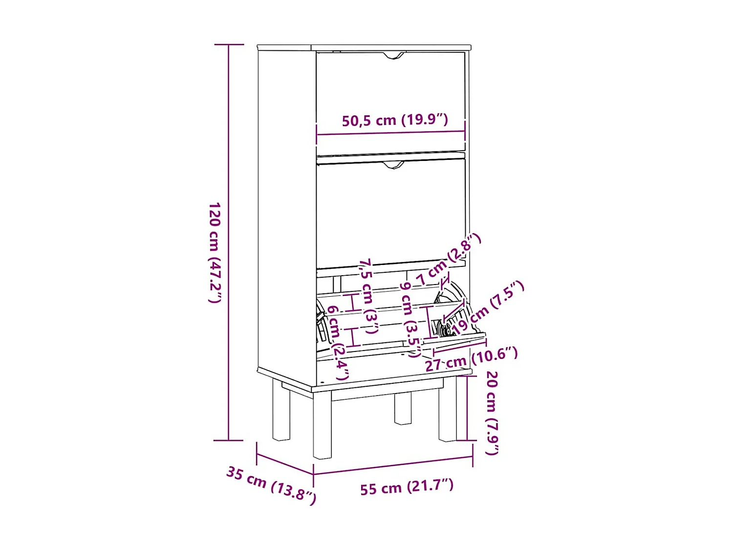 Zapatero con 3 cajones Madera de pino marrón y gris