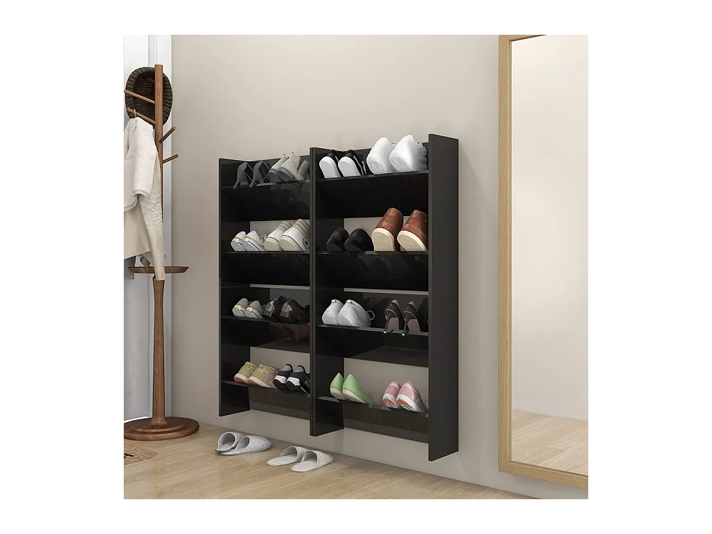 Armoires à chaussures murales 4 pcs noir brillant 60x18x60 cm