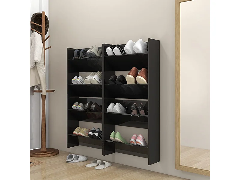 4-teiliger Wandschuhschrank, schwarz glänzend, 60x18x60 cm