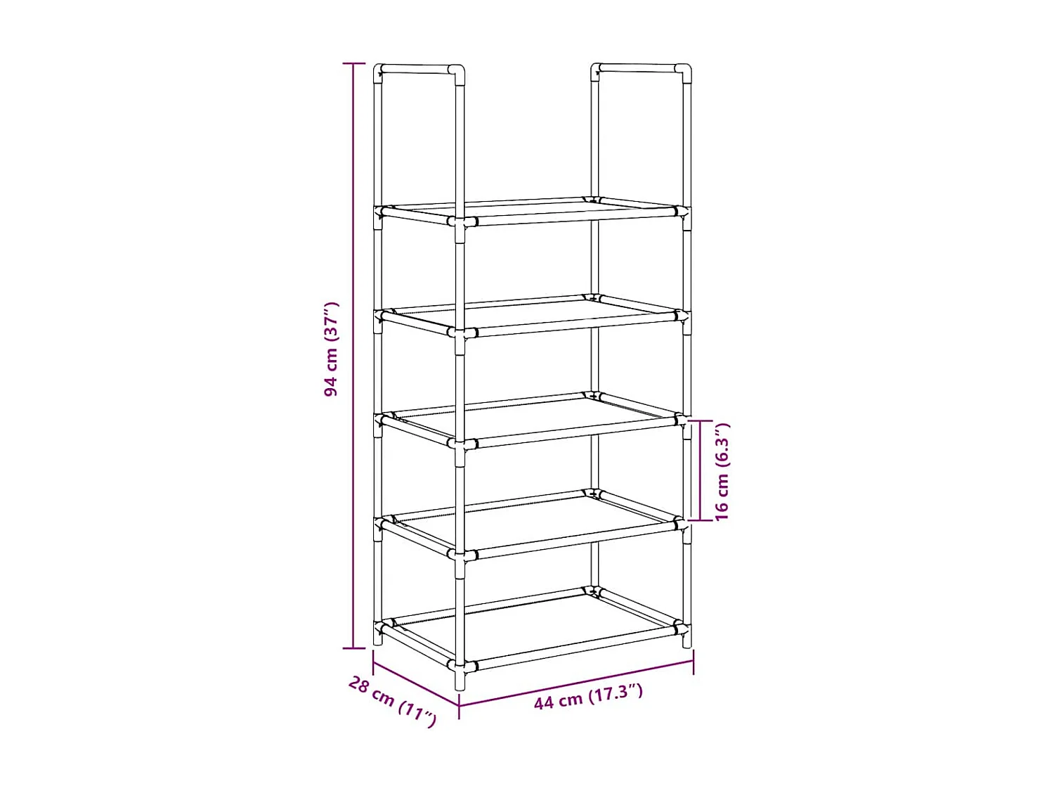 Schoenenrek met 5 niveaus 44x28x94 cm van non-woven stof