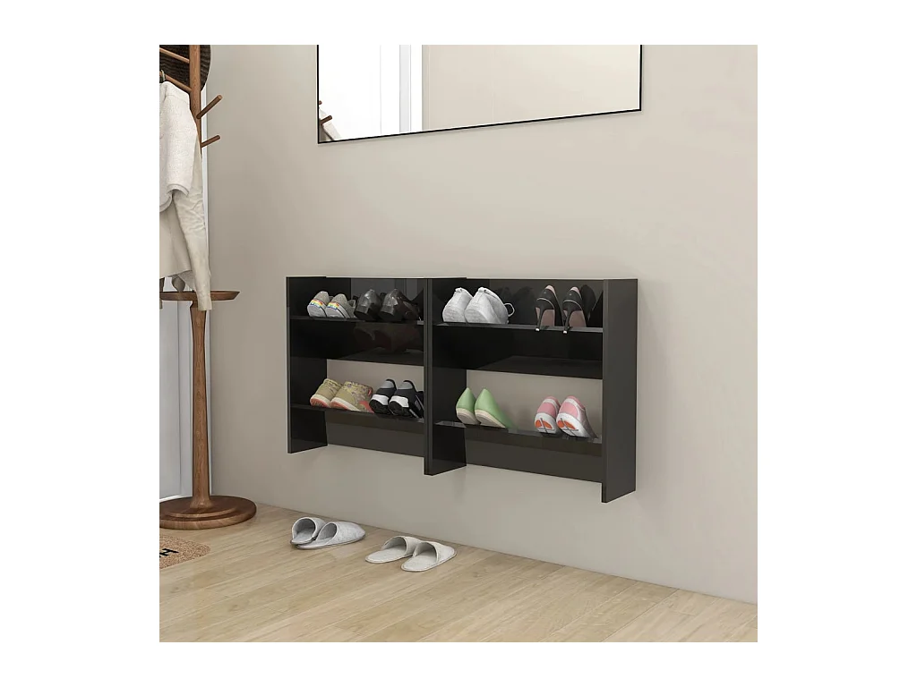 Wandgemonteerde schoenenkasten 2 stuks glanzend zwart 60x18x60 cm