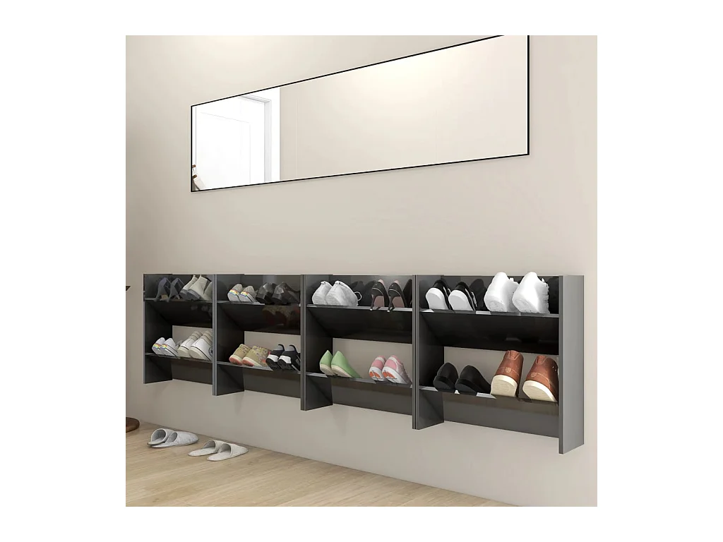 4-delige wandschoenenkast, glanzend grijs, 60x18x60 cm