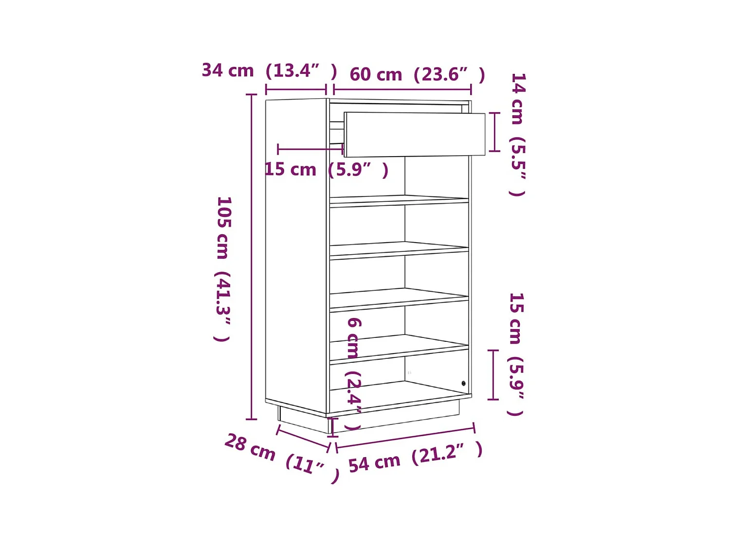 Zwarte schoenenkast 60x34x105 cm Massief grenenhout