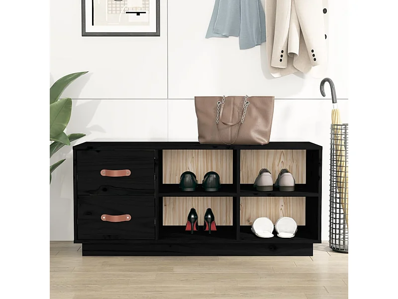 Panca portascarpe nera 100x34x45 cm Legno massello di pino