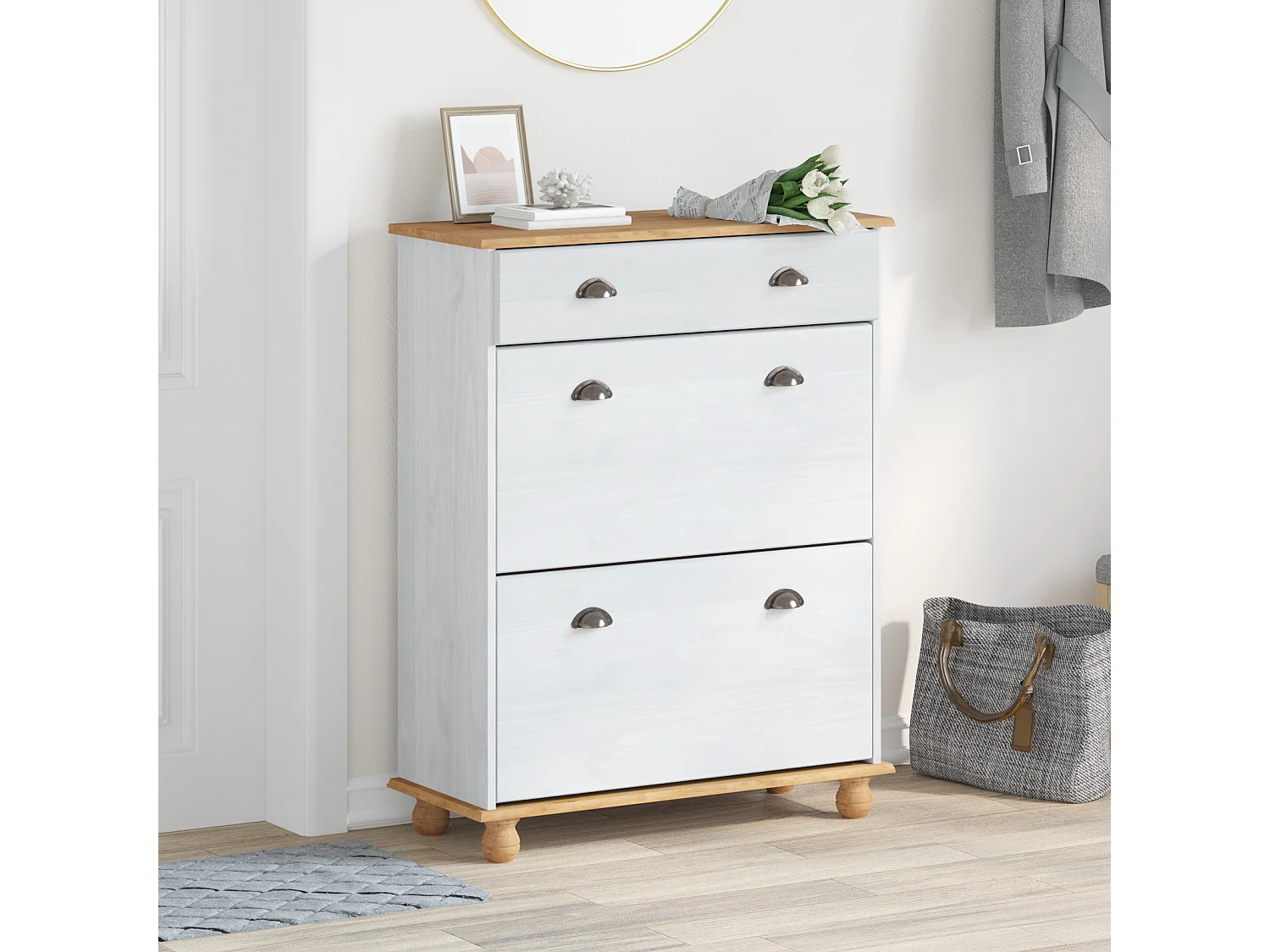 Scarpiera Bianca 85x35x108 cm Legno Massello di Pino