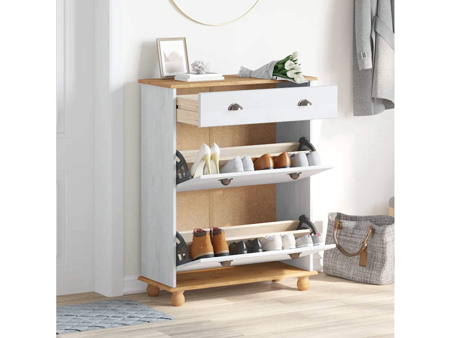 Scarpiera Bianca 85x35x108 cm Legno Massello di Pino