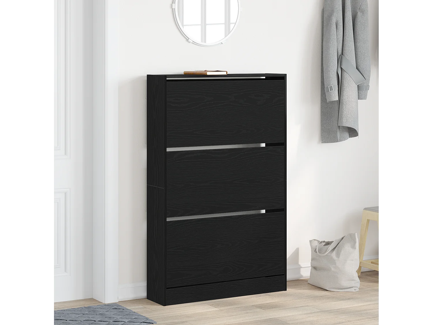 Zwarte eikenhouten schoenenkast 80x21x125,5 cm bewerkt hout