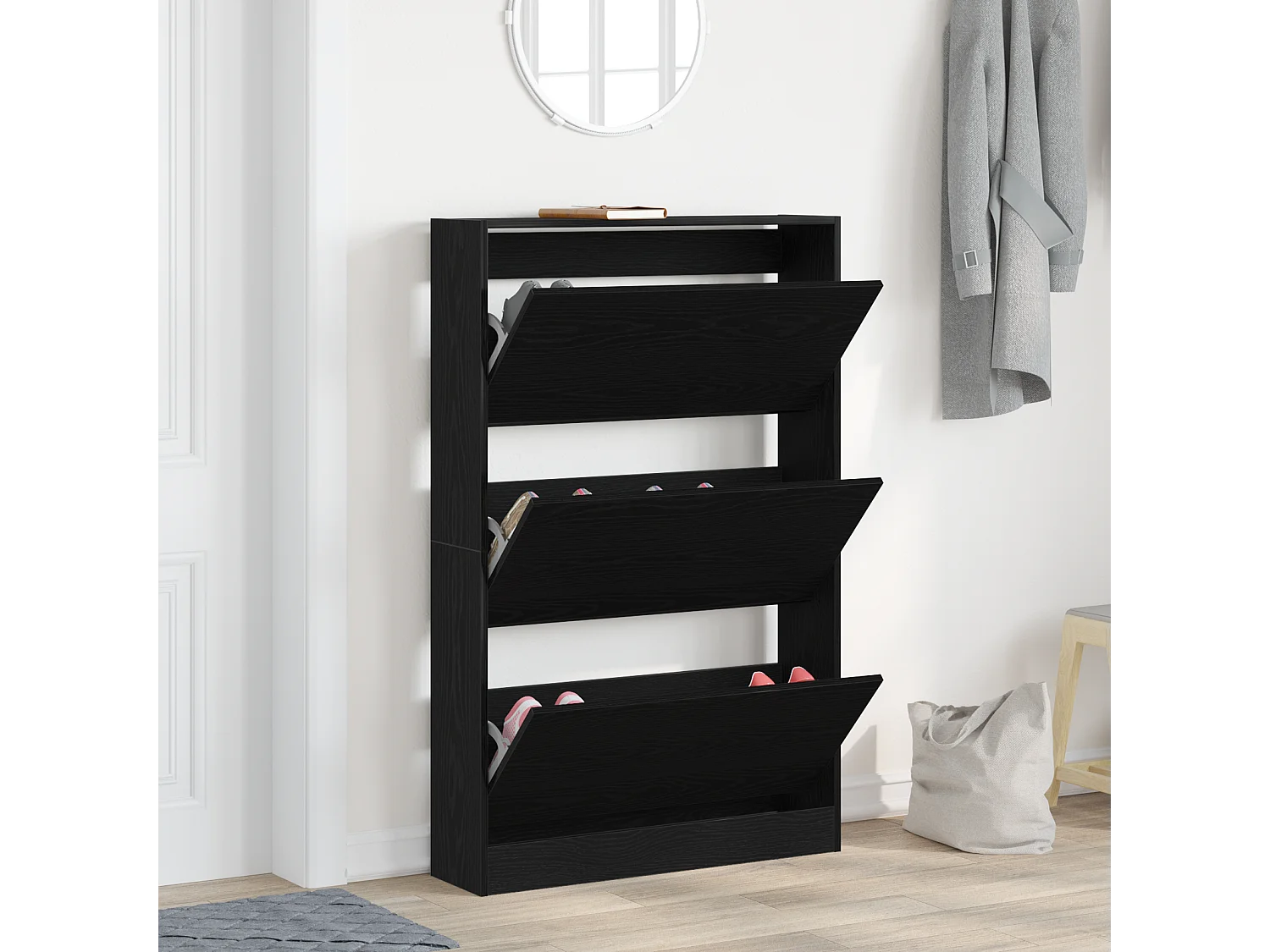 Zwarte eikenhouten schoenenkast 80x21x125,5 cm bewerkt hout