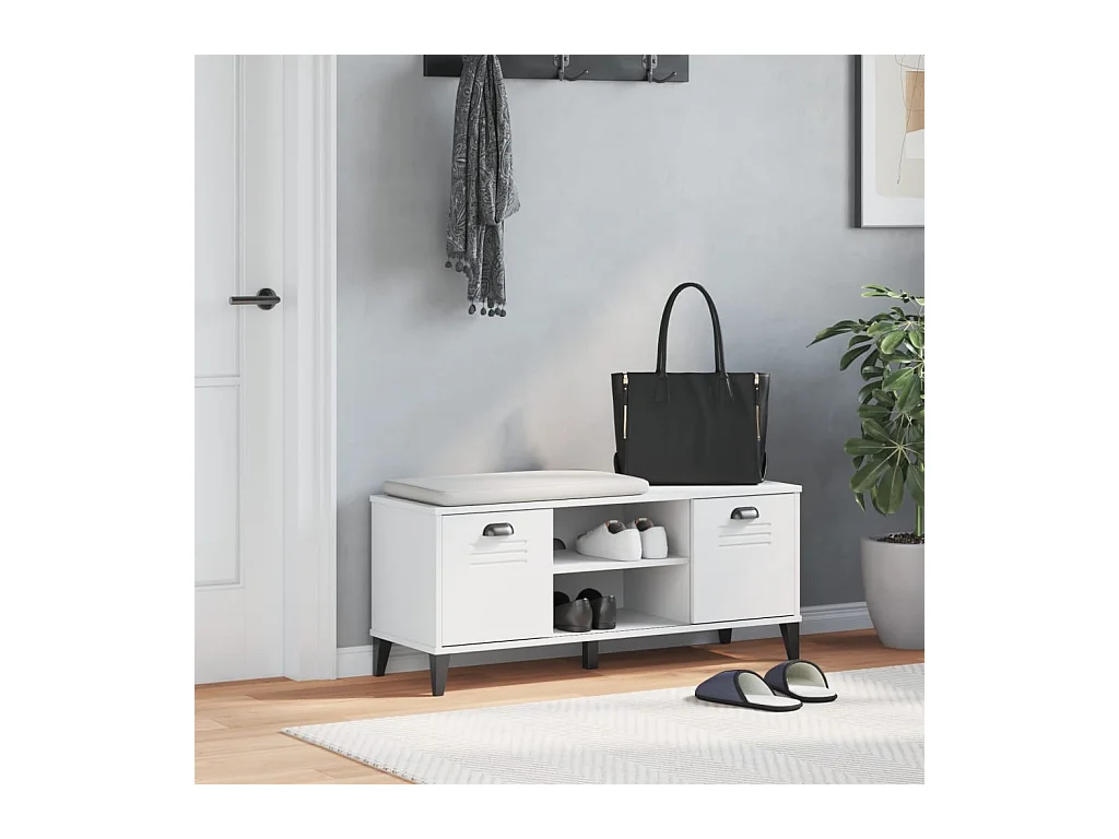 Panca portascarpe bianca 106x35x45 cm in legno massello di pino