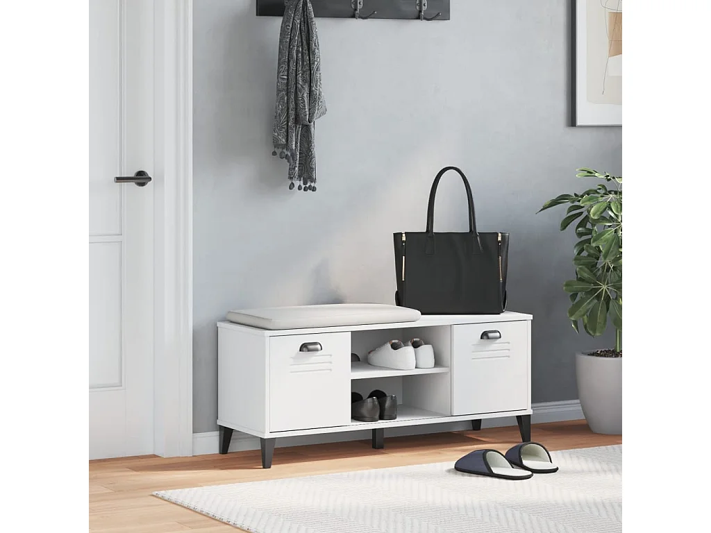 Panca portascarpe bianca 106x35x45 cm in legno massello di pino