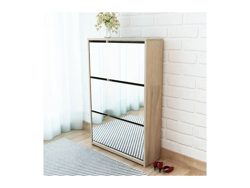 Meuble à chaussures 3 étagères Miroir 63x17x102,5 cm Chêne