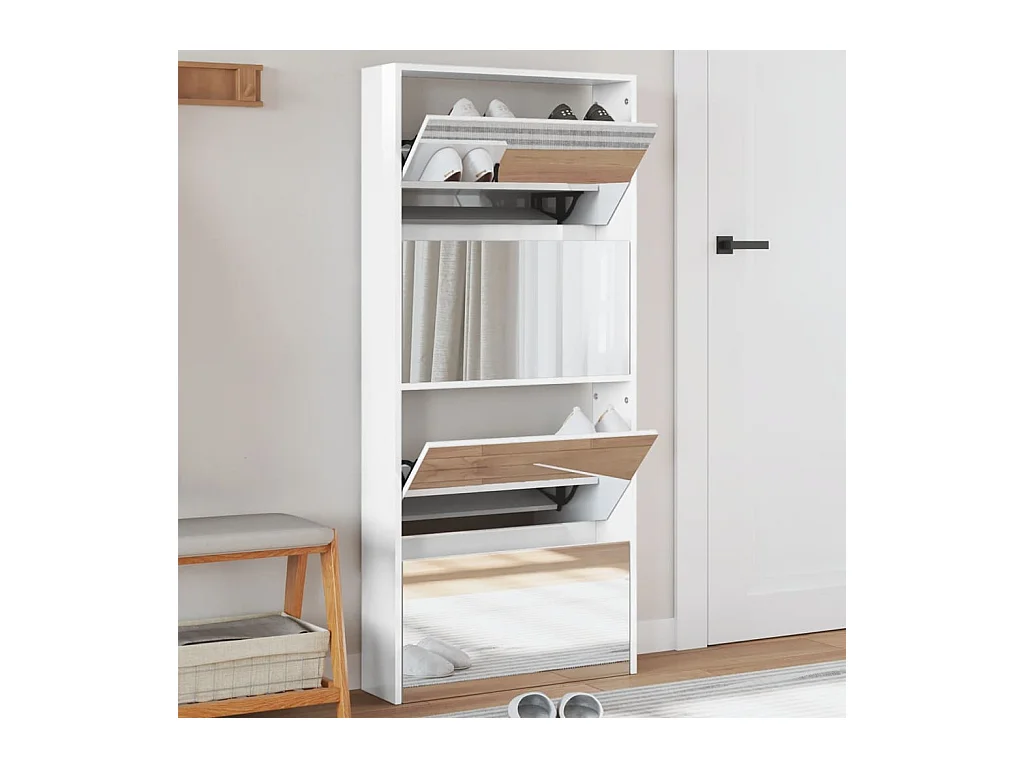Armoire à chaussures miroir 4 niveaux blanc brillant