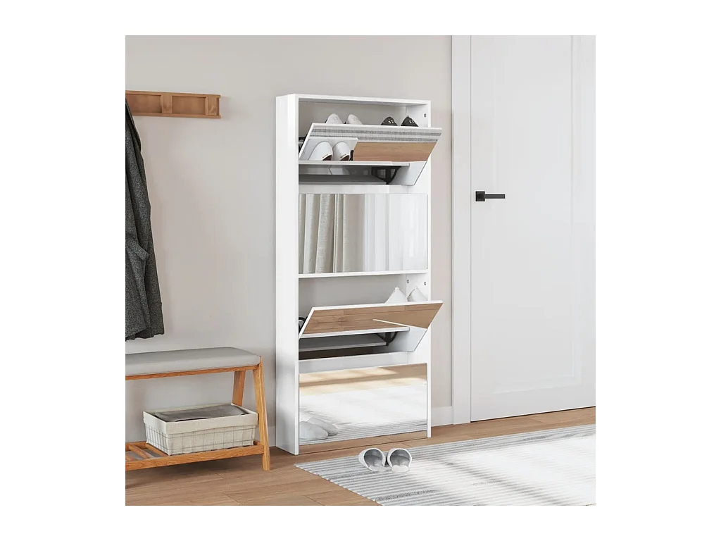 Armoire à chaussures miroir 4 niveaux blanc brillant