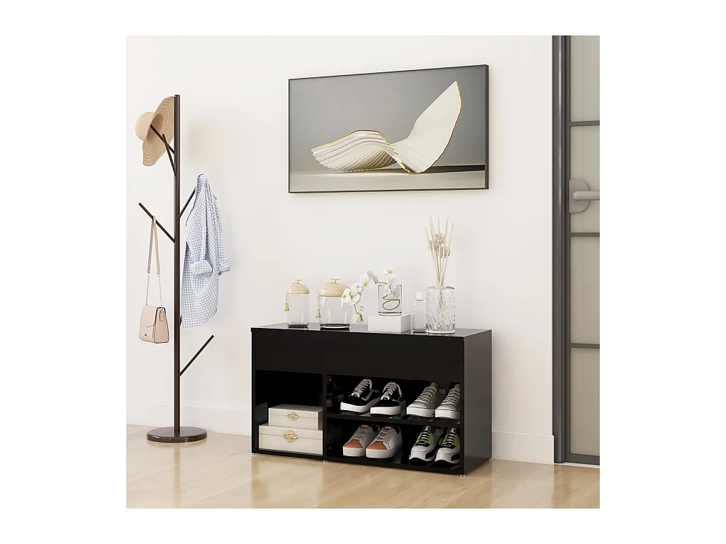 Panca portascarpe nera 80x30x45 cm in legno ingegnerizzato