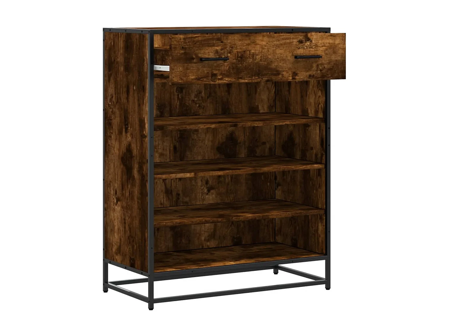 Zapatero de roble ahumado fabricado con madera de ingeniería y metal.