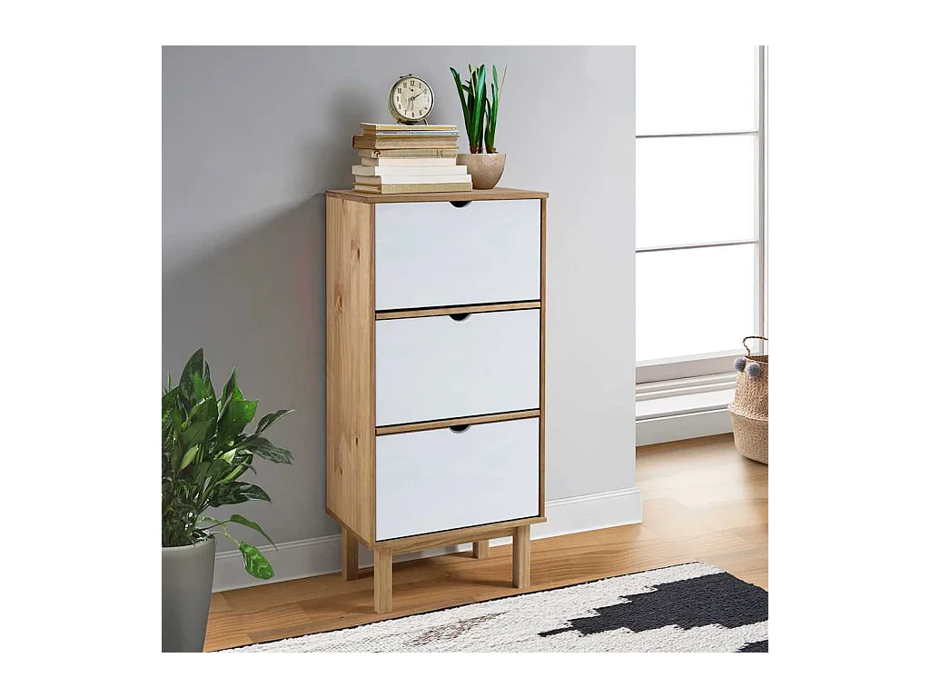 Armoire à chaussures et 3 tiroirs Marron et blanc Bois pin