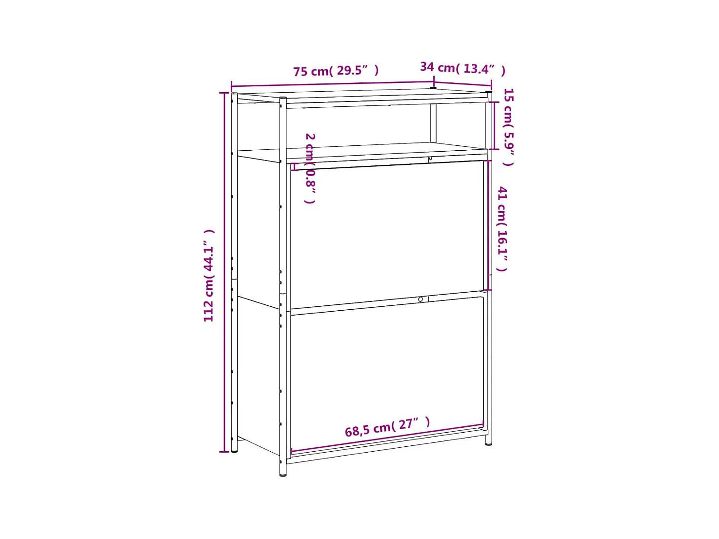 Sonoma grijze schoenenkast 75x34x112 cm bewerkt hout
