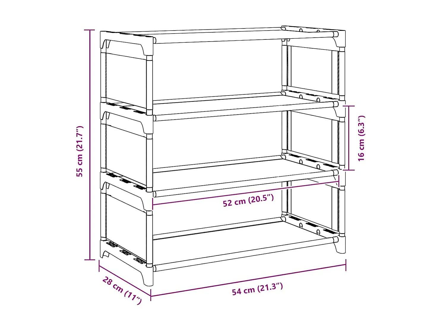 Schoenenrek met 4 niveaus, grijs, 54x28x55 cm, non-woven stof