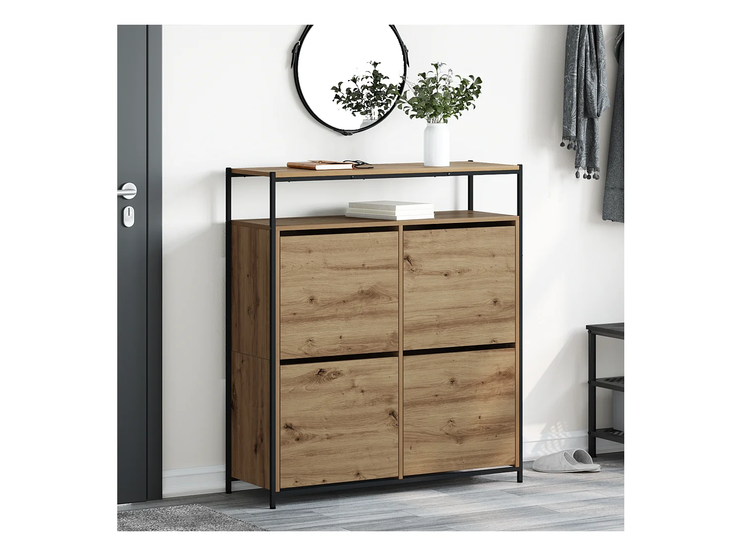 Cabinet à chaussures avec 4 tiroirs rabattables Chêne artisanal 100x34x112 cm