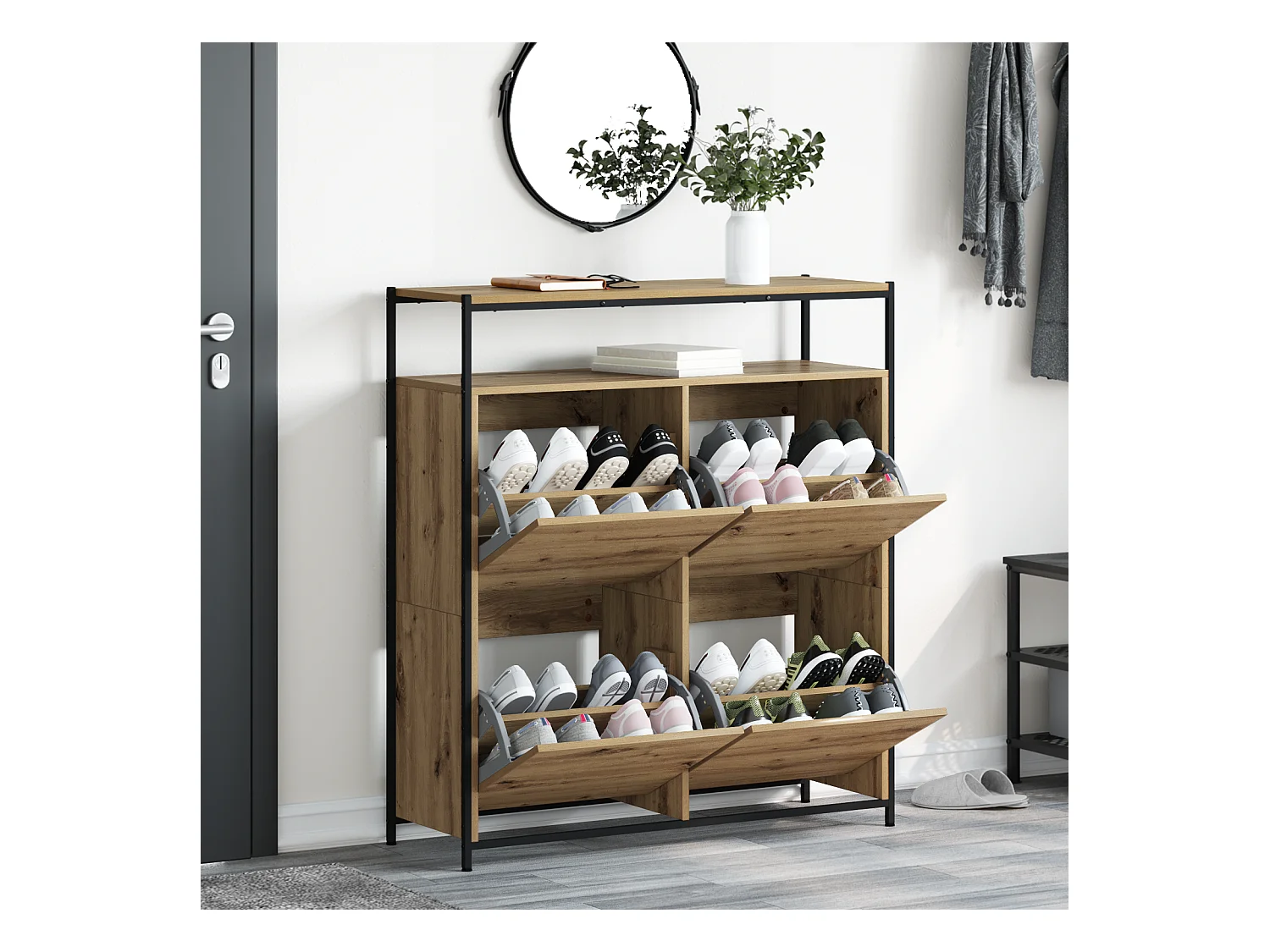 Cabinet à chaussures avec 4 tiroirs rabattables Chêne artisanal 100x34x112 cm