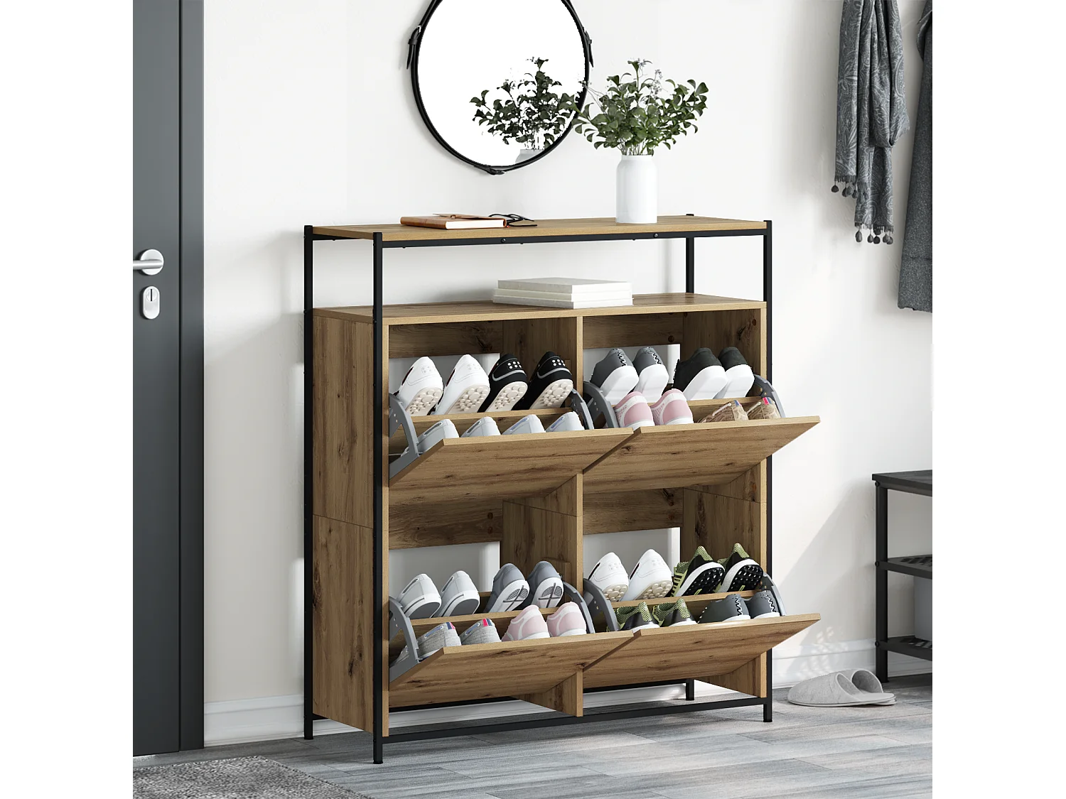 Cabinet à chaussures avec 4 tiroirs rabattables Chêne artisanal 100x34x112 cm