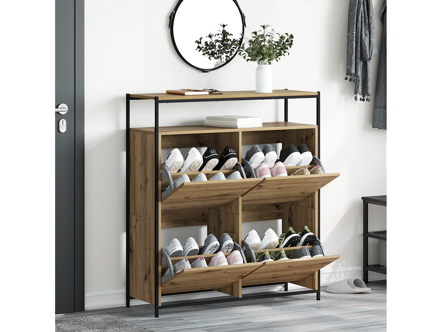 Schoenenkast met 4 uitklapbare lades Handgemaakt eikenhout 100x34x112 cm