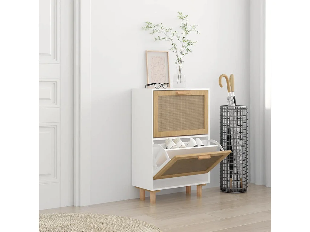 Zapatero blanco 52x25x80 cm Madera de ingeniería/Ratán