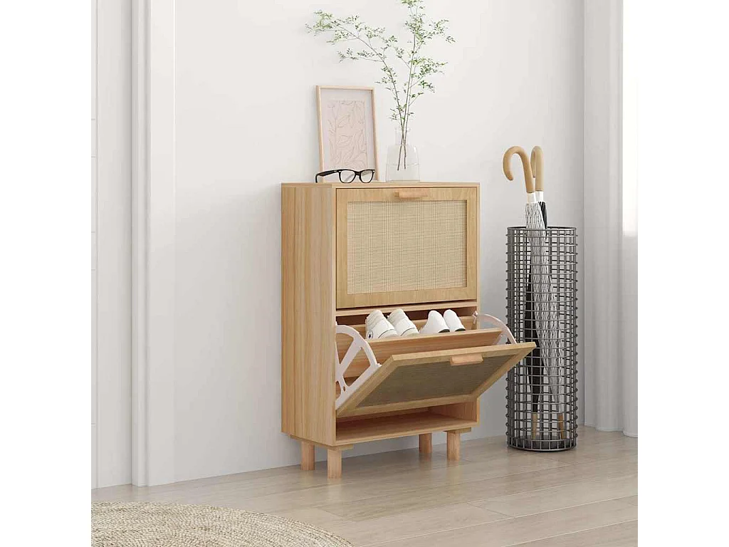 Zapatero marrón 52x25x80 cm Madera de ingeniería/Ratán