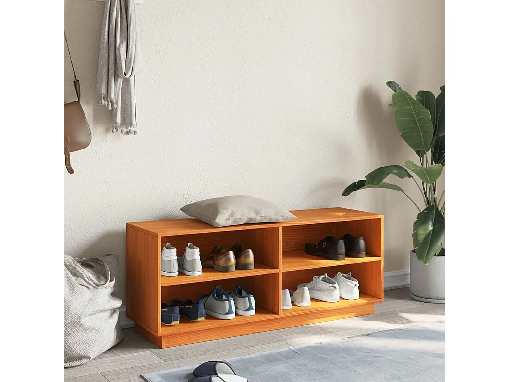 Zapatero encerado marrón 110x34x45 cm madera maciza de pino