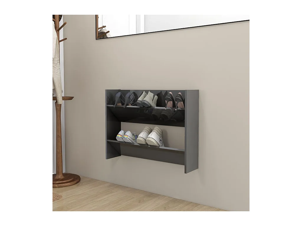 Wandgemonteerde schoenenkast, hoogglans grijs, bewerkt hout